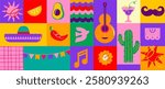Cinco De Mayo Colorful, bold design in vibrant colors. Hand drawn textured Mexican elements Fiesta and Mexico icons. Vector illustrations and concept design