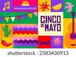 Cinco De Mayo Colorful, bold design in vibrant colors. Hand drawn textured Mexican elements Fiesta and Mexico icons. Vector illustrations and concept design