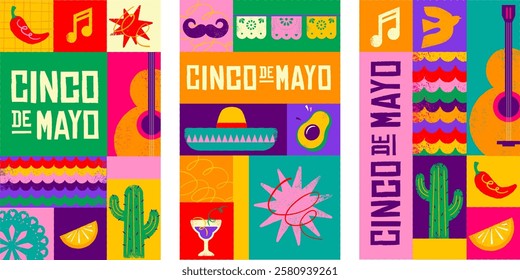 Cinco De Mayo Colorful, bold design in vibrant colors. Hand drawn textured Mexican elements Fiesta and Mexico icons. Vector illustrations and concept design