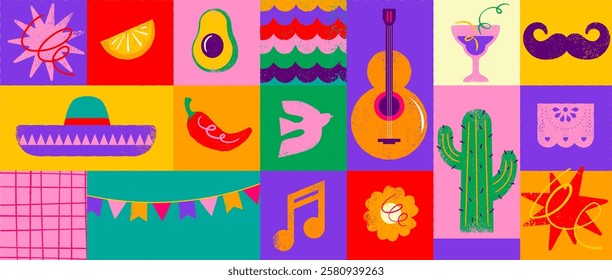 Cinco De Mayo Colorful, bold design in vibrant colors. Hand drawn textured Mexican elements Fiesta and Mexico icons. Vector illustrations and concept design