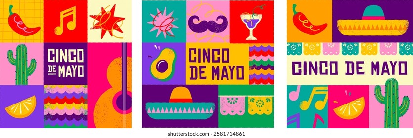 Cinco De Mayo Colorful, bold design in vibrant colors. Hand drawn textured Mexican elements Fiesta and Mexico icons. Vector illustrations and concept design