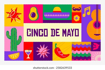 Cinco De Mayo Colorful, bold design in vibrant colors. Hand drawn textured Mexican elements Fiesta and Mexico icons. Vector illustrations and concept design