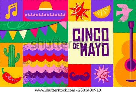 Cinco De Mayo Colorful, bold design in vibrant colors. Hand drawn textured Mexican elements Fiesta and Mexico icons. Vector illustrations and concept design