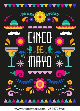 Cinco De Mayo Colorful, bold design in vibrant colors. Mexican elements Fiesta and Mexico icons. Vector illustrations and concept design