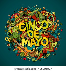 Cinco de Mayo fundo festivo colorido. Cartoon vetor desenhado mão ilustração Doodle. Design detalhado brilhante multicolorido com objetos e símbolos. Todos os objetos são separados