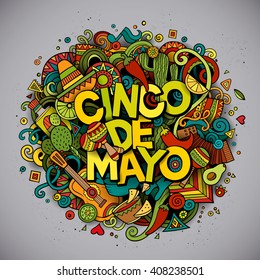 Cinco de Mayo colorful festive background. Cartoon vector hand drawn Doodle illustration. Multicolored bright detailed design with objects and symbols. All objects are separated