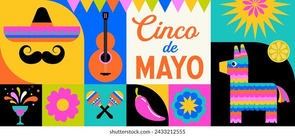 Cinco de Mayo colorful fun design. Mexican fiesta concept. Banner, poster in modern geometric style. Vector illustration and design