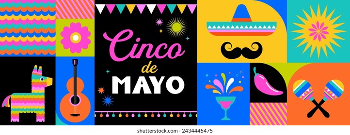 Cinco de Mayo colorful fun design. Mexican fiesta concept. Banner, poster in modern geometric style. Vector illustration and design