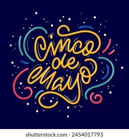 Cinco de Mayo. Coloridas letras de dibujo a mano. Fuente Caligraphy. Línea sobre fondo azul. Ilustración vectorial.