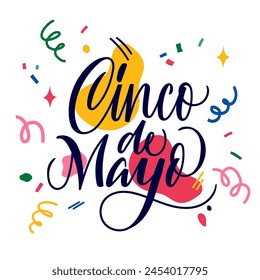 Cinco de Mayo. Colorful Hand draw lettering. Calligraphy font. Line on blue background. Vector illustration.