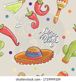 Cinco de Mayo, colorful holiday background, cartoon vector in flat style. A collection of attributes of Mexican culture. Seamless patern