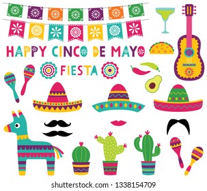 Cinco de Mayo colorful party set (banner, sombreros, pinata, cacti, a guitar)