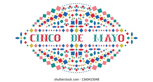 Cinco de mayo colorful text and Mexican embroidery motif. Greeting composition with fiesta style Mexico folk art pattern. Western shapes of phrase. Traditional ethnic vector design.