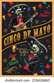 Cinco de Mayo colorful vertical poster with mariachi skeleton musicians in sombreros and charro outfits playing guitar and trumpet on stripped background with melody symbols, vector illustration
