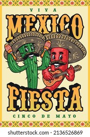 Cinco de Mayo colorful vertical poster with singing cactus with thorns shaking maracas and chili pepper in sombrero playing guitar on light yellow background, vector illustration