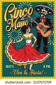 Cinco de Mayo colorful vertical poster with inscription, skeleton musician with mustache playing guitar, woman with rose in hair dancing against fireworks background, vector illustration