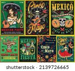 Cinco de Mayo colorful vintage posters set with woman in sombrero shaking maracas, skeleton musician playing guitar, calavera with painted skulls, tequila drinks, female dancer, vector illustration
