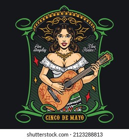 Cinco de mayo colorful vintage label with guitarist girl in sombrero and necklace against green shaded background, vector illustration