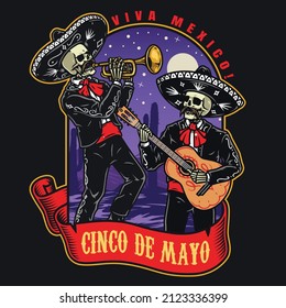 Cinco de mayo colorful vintage emblem with skeleton musicians in charro outfits and sombreros playing trumpet and guitar against cactuses at night, vector illustration