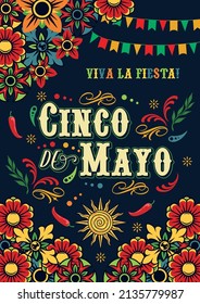 Cinco de Mayo colorful vintage vertical poster with flowers, swirl elements around inscription and flag garlands on dark background, vector illustration