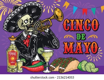 Cinco de Mayo colorful vintage banner with dead skeleton with one eye and mustache playing trumpet against purple firework background, vector illustration