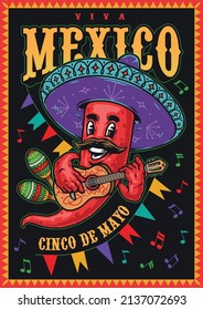 Cinco de Mayo colorful vintage banner with cheerful cartoon mustached chili pepper in sombrero playing guitar against flag garlands and musical symbols background, vector illustration