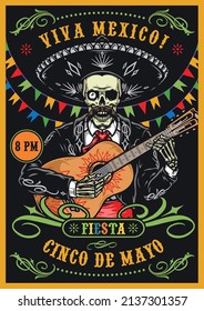 Cinco de Mayo colorful vintage vertical poster with one-eyed Mexican skeleton performer in sombrero playing painted guitar on black background, vector illustration