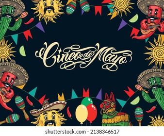 Cinco de Mayo colorful vintage horizontal banner with frame of cartoon sun in sombrero, prickly cactus in mustache, chili pepper playing guitat, pinata toy, maracas, sun and flag garland on black