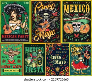 Cinco de Mayo colorful vintage posters set with woman in sombrero shaking maracas, skeleton musician playing guitar, calavera with painted skulls, tequila drinks, female dancer, vector illustration