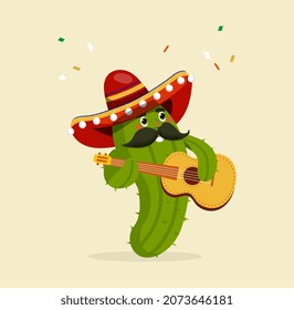 Cinco de Mayo concept. Cute cactus with mustache and sombrero holds guitar in hands. Plant character plays musical instrument. Greeting card for Mexican holiday. Cartoon flat vector illustration