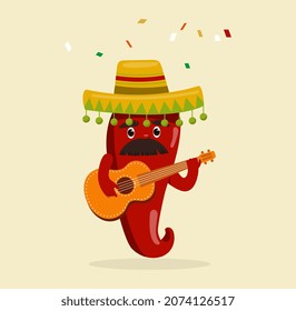 Cinco de Mayo concept. Cute red hot pepper in sombrero holding guitar in his hands. Vegetable character plays musical instrument. Greeting card for Mexican holiday. Cartoon flat vector illustration