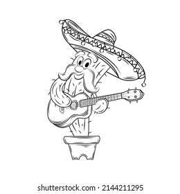 Cinco de Mayo concept. Cute cactus with mustache and sombrero holds guitar in hands. Plant character plays musical instrument. Greeting card for Mexican holiday. Cartoon flat vector illustration