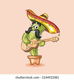 Konzept von Cinco de Mayo. Cute Kaktus mit Schnurrbart und sombrero hält Gitarre in Händen. Der Pflanzencharakter spielt Musikinstrument. Grußkarte für mexikanische Ferien. Cartoon-Flavektor-Vektorgrafik