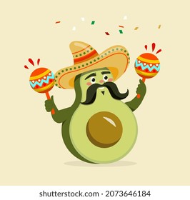 Concepto Cinco de Mayo. El aguacate verde sonriente en el sombrero mexicano sostiene a maracas en las manos. Carácter vegetal con bigote largo. Tarjeta de saludo para vacaciones en México. Dibujo vectorial plano de dibujos animados