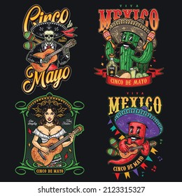 Cinco de Mayo creative colorful vintage emblems set witj skeleton guitarist in charro outfit, spiny cactus shaking maracas, chili pepper playing guitar, woman musician in sombrero, vector illustration