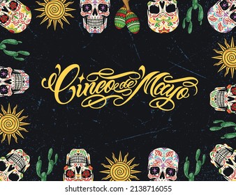 Cinco de Mayo creative horizontal banner with colorful calaveras, sun and cactus on dark dirty background, vector illustration