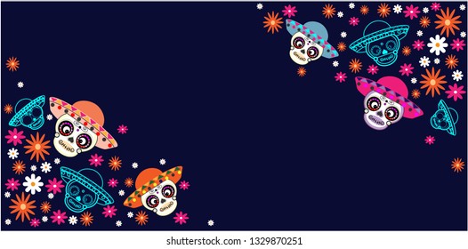 Cinco de Mayo, Day of the dead, Mexican holiday, festival. Vector poster, banner and card with sugar skull with a hat and flowers on blue background