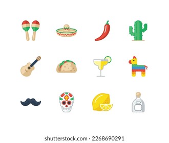 Cinco de Mayo and day of the dead flat color icon set with Mexico related icons