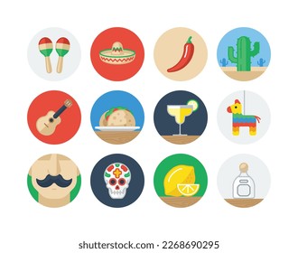 Cinco de Mayo and day of the dead flat circle icon set with Mexico related icons