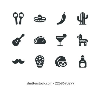 Cinco de Mayo and day of the dead solid glyph icon set with Mexico related icons