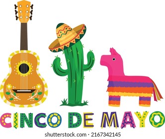 Cinco de Mayo Day Graphic Text Label Guitar Illustration Horse Cactus on a white background