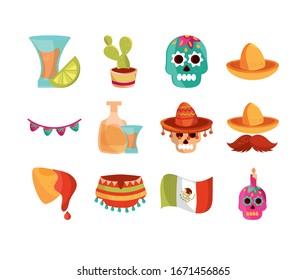 Iconos mexicanos de cinco de mayo confeccionan ilustración vectorial