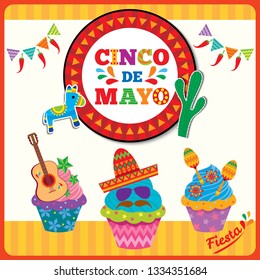 Cinco de mayo design with cupcakes decorated with maracas, pinata,guitar and cactus