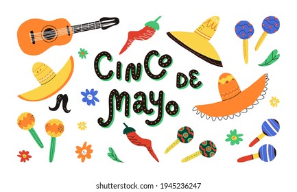 Cinco de mayo design elements set. Fifth of the May on Spanish hand lettering, traditional Mexican sombrero hats, maracas, red chili pepper, guitar and flowers. Vector isolated cartoon illustration.