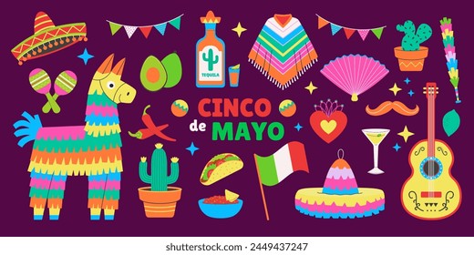 Cinco de Mayo design elements set. Mexican federal holiday that is celebrated on May 5th. Fun and playful graphics decoration clipart. Vector illustration