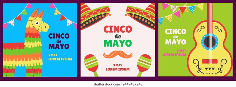 Cinco de Mayo design Festive holiday concept banner set. Traditional Mexican carnival event, invitation graphic design card. Vector illustration