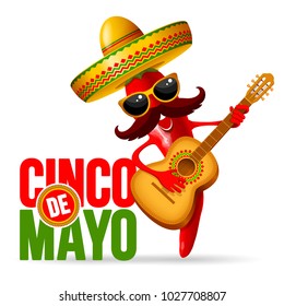 Cinco de Mayo design with lettering, and cheerful red pepper jalapeno mariachi in sombrero and with decorated guitar - symbols of holiday. Isolated on white background. Vector illustration. 