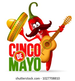 Cinco de Mayo design with lettering, and cheerful red pepper jalapeno mariachi in sombrero and with decorated guitar - symbols of holiday. Isolated on white background. Vector illustration. 