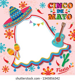 Cinco de mayo design with poncho frame background decorated with sombrero, maracas, pinata,guitar and cactus