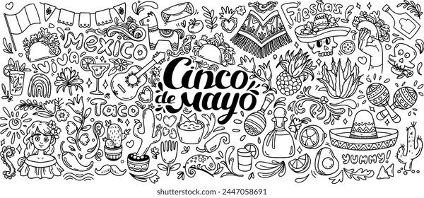 Cinco de mayo doodle background. Hand drawn Mexican culture symbols set. Guitar, sombrero, maracas, cactus and chili, taco, tequila isolated on white. Cinco de Mayo greeting card. Vector illustration.